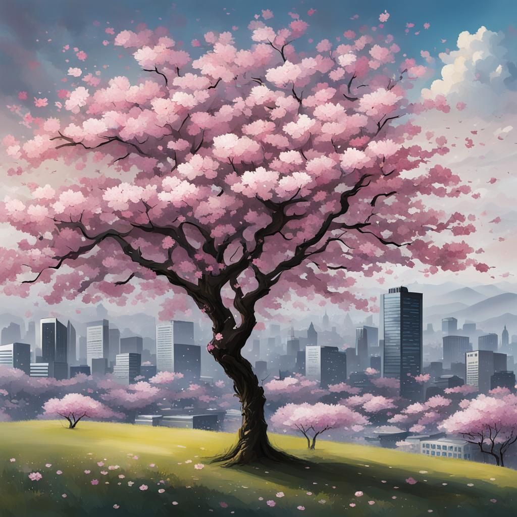 Cherry Blossom Tree in Windy Field Near City