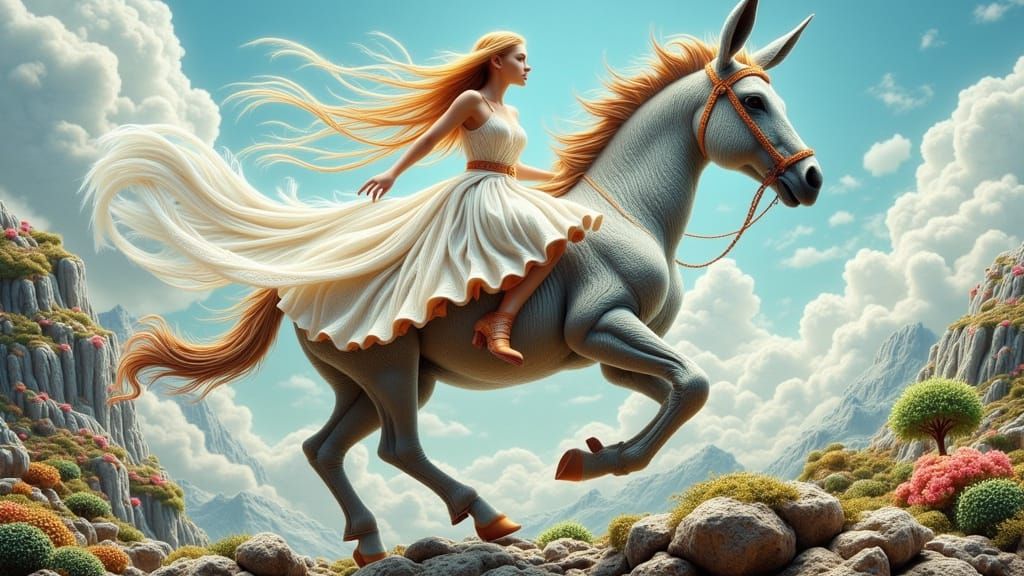 Woman Riding Flying Donkey in Dreamy Landscape