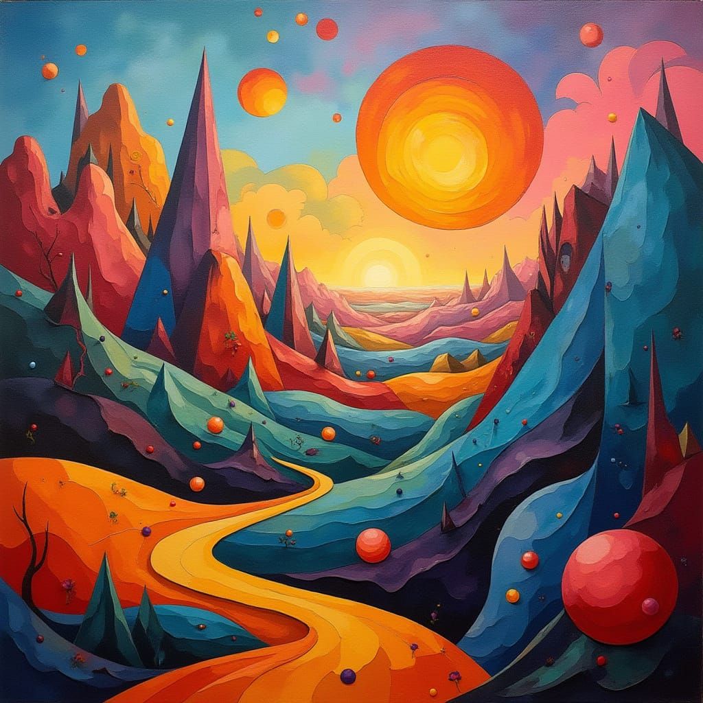 Vibrant Oil Painting of Dreamlike Landscape in Neo-Cubist St...