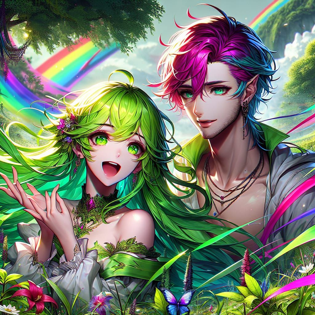 Anime Characters Laughing in Grassy Landscape as Fantasy Art