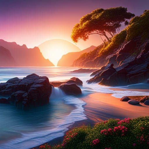 Unicorn and Violets at Sunset: Fantasy Concept Art