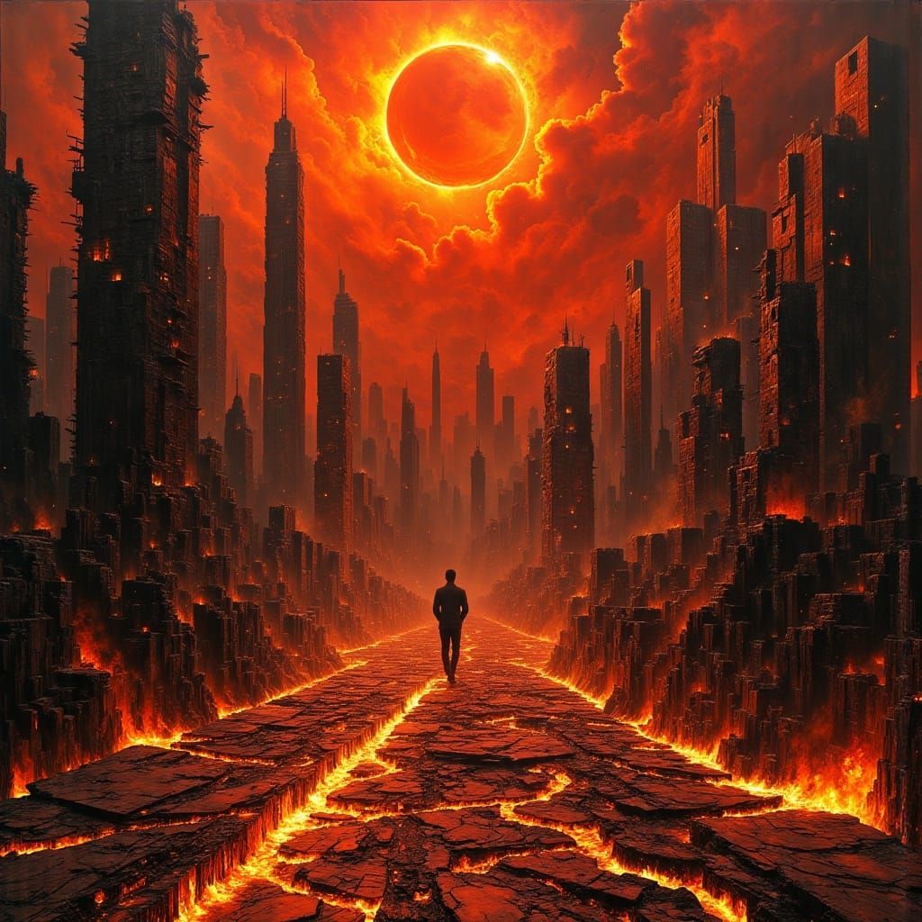 Infernal Metropolis Ablaze in Dark Oil Painting