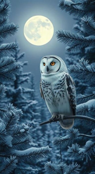 Barn Owl in Winter Moonlit Pine Forest