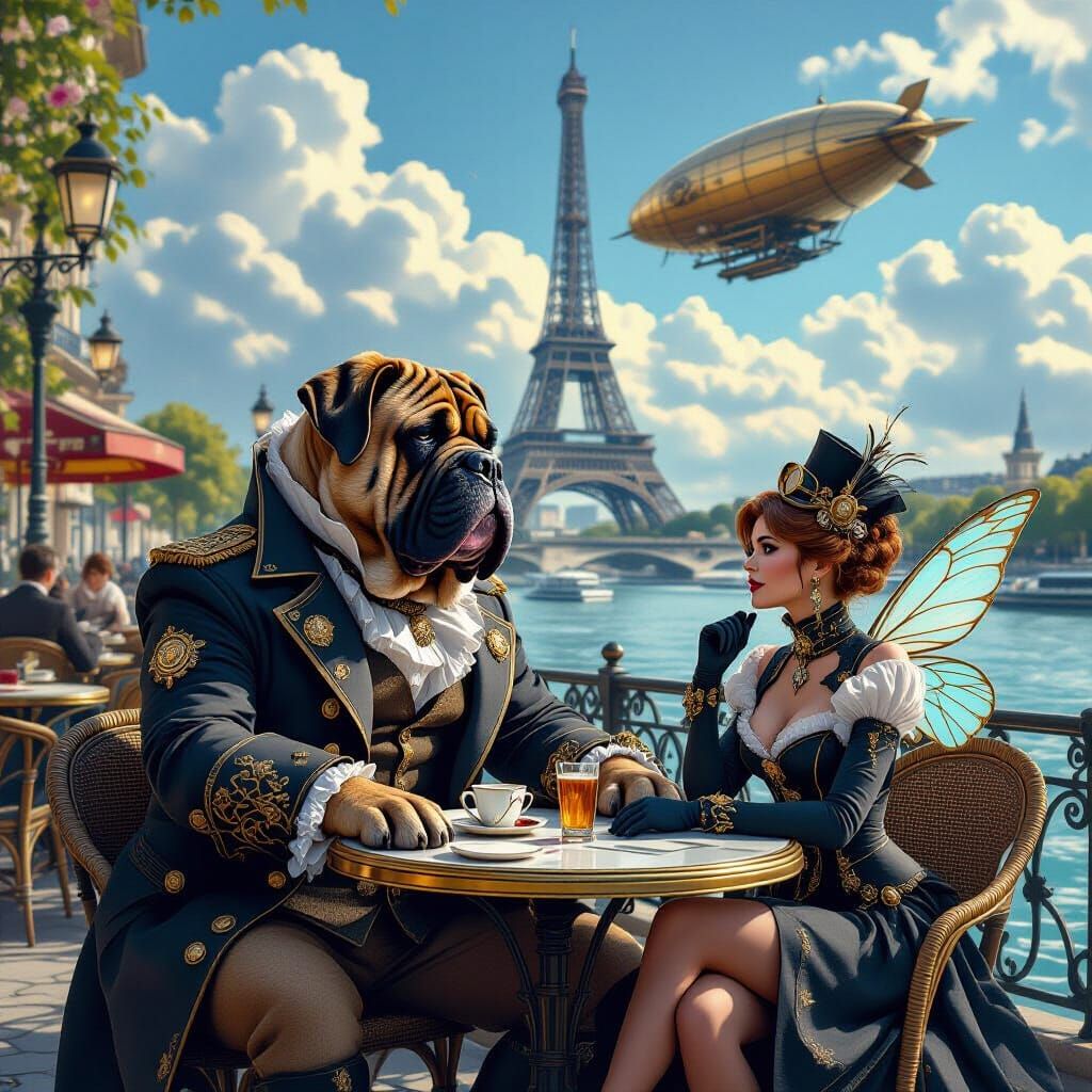 Steampunk Mastiff at Riverside Cafe with Fairy