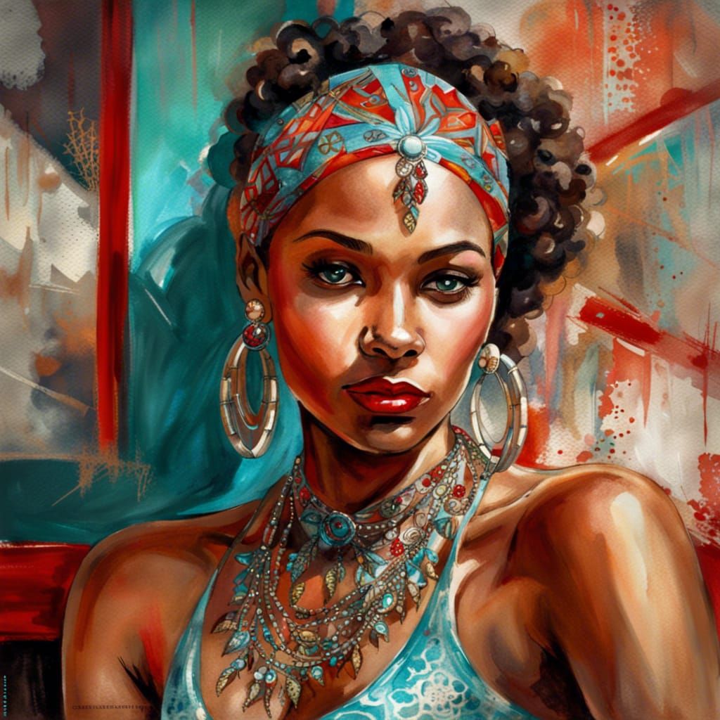 1930s AfroAmerican Girl Portrait in Watercolor Style