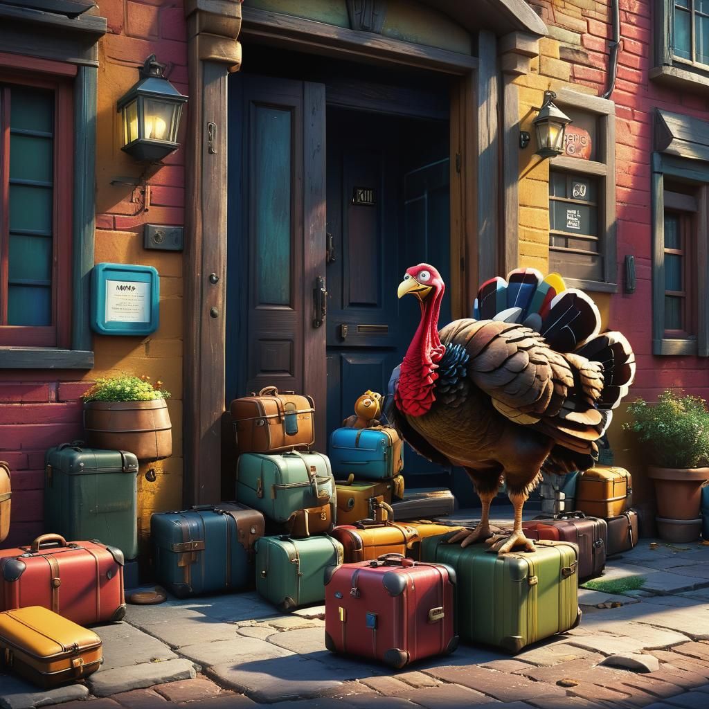 Turkey Rushing Out of House: Pixar-Style 3D Digital Art
