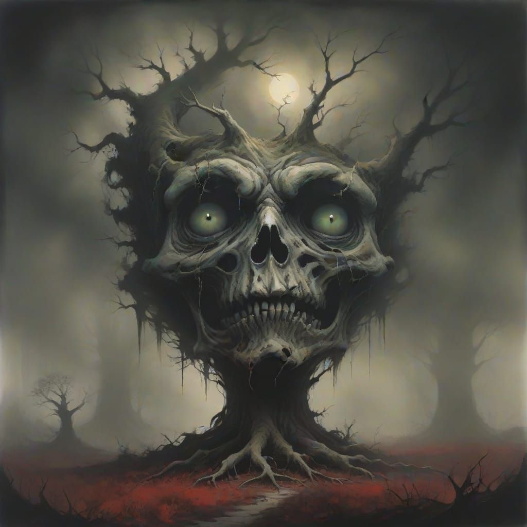 Horror Art: Gnarled Tree in Dark, Eerie Forest