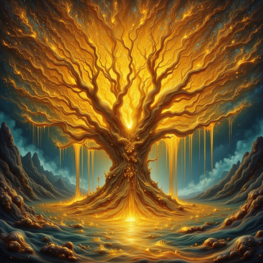 Colossal Golden Tree Dripping Light in Luminous Forest