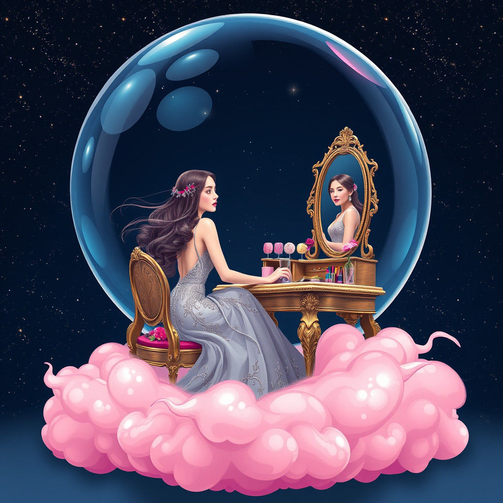 Woman in Bubble Doing Makeup on Pink Cloud