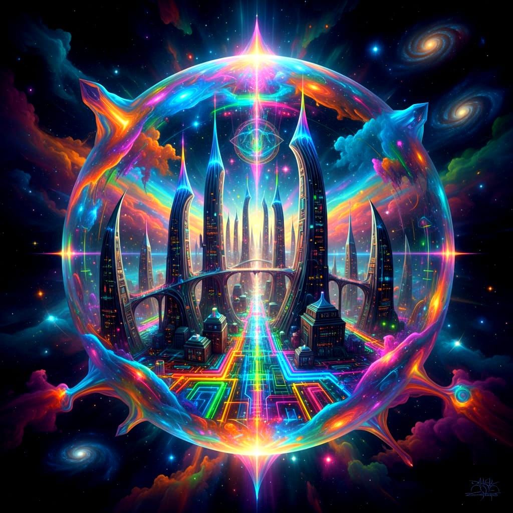 Cosmic Jewel Crystal Sphere with Neon City