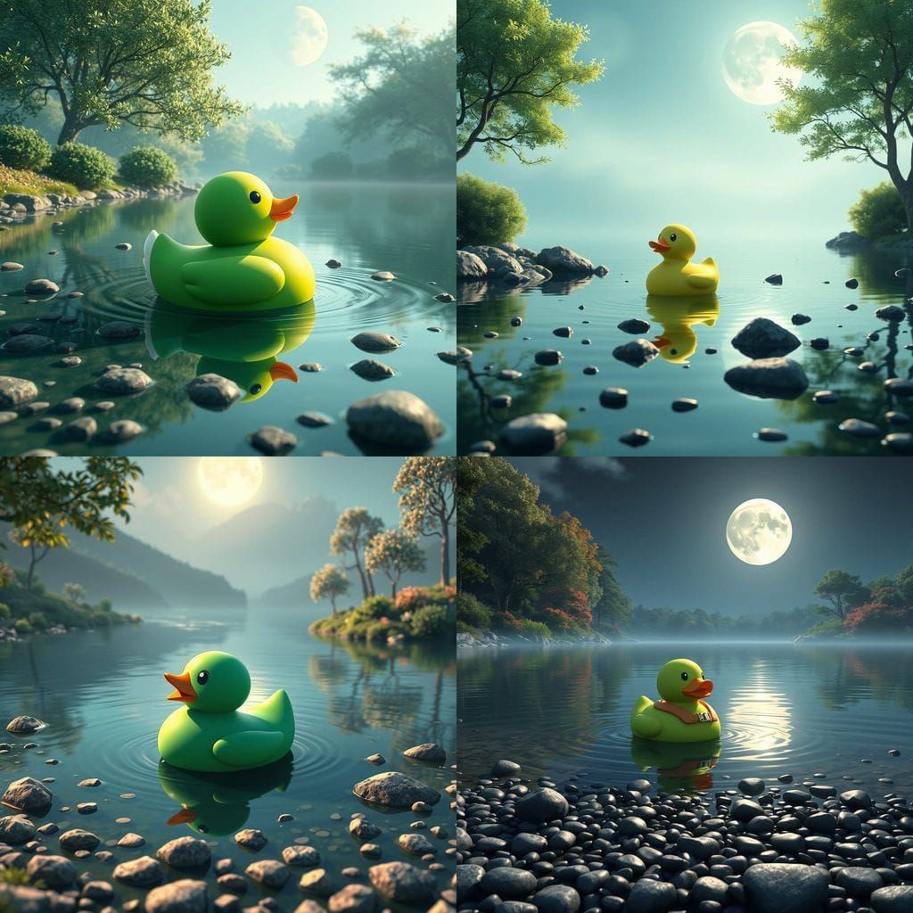 Green Rubber Duck in Moonlit Lake: Anime Style