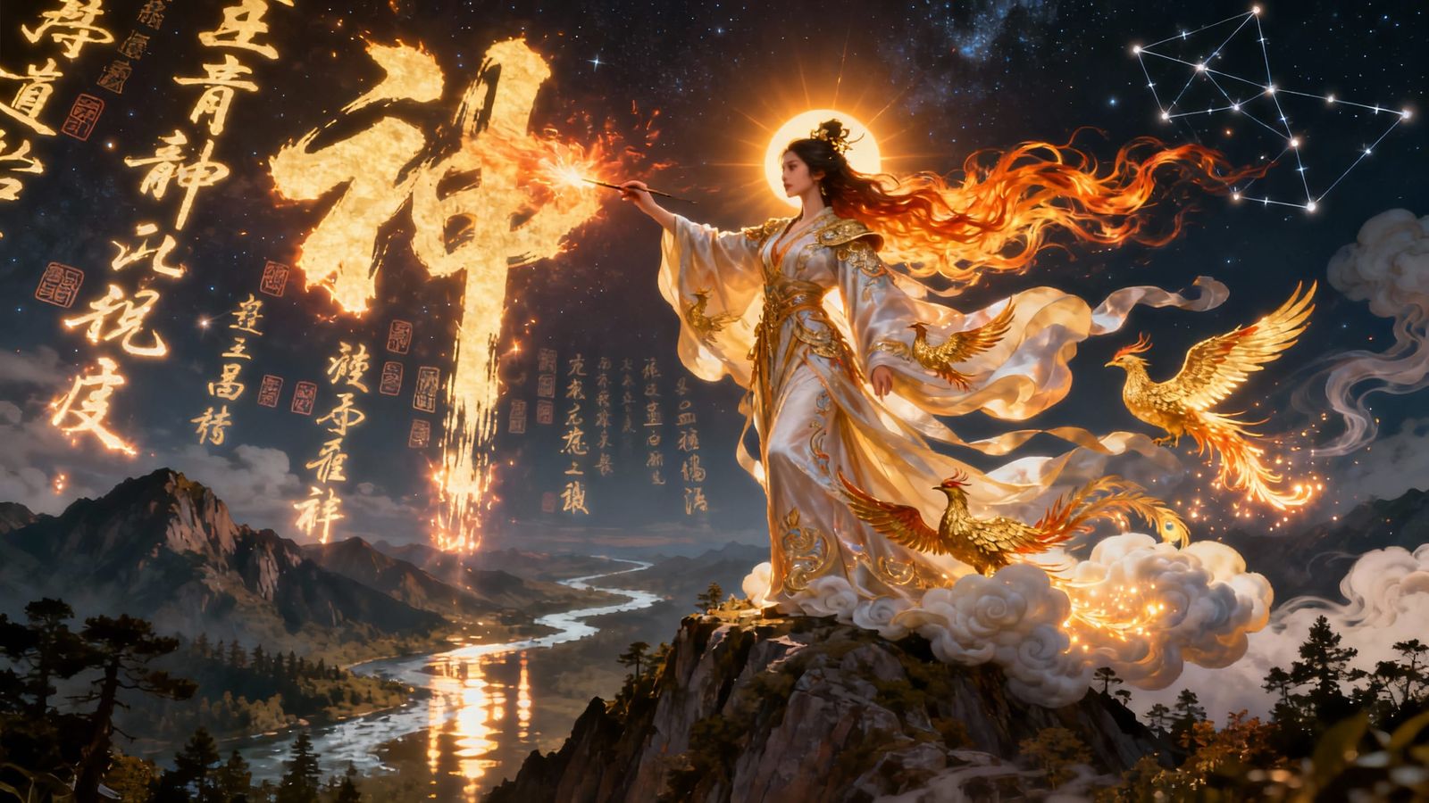 Mythic Muse Writes Celestial Script in Fiery Sunlight