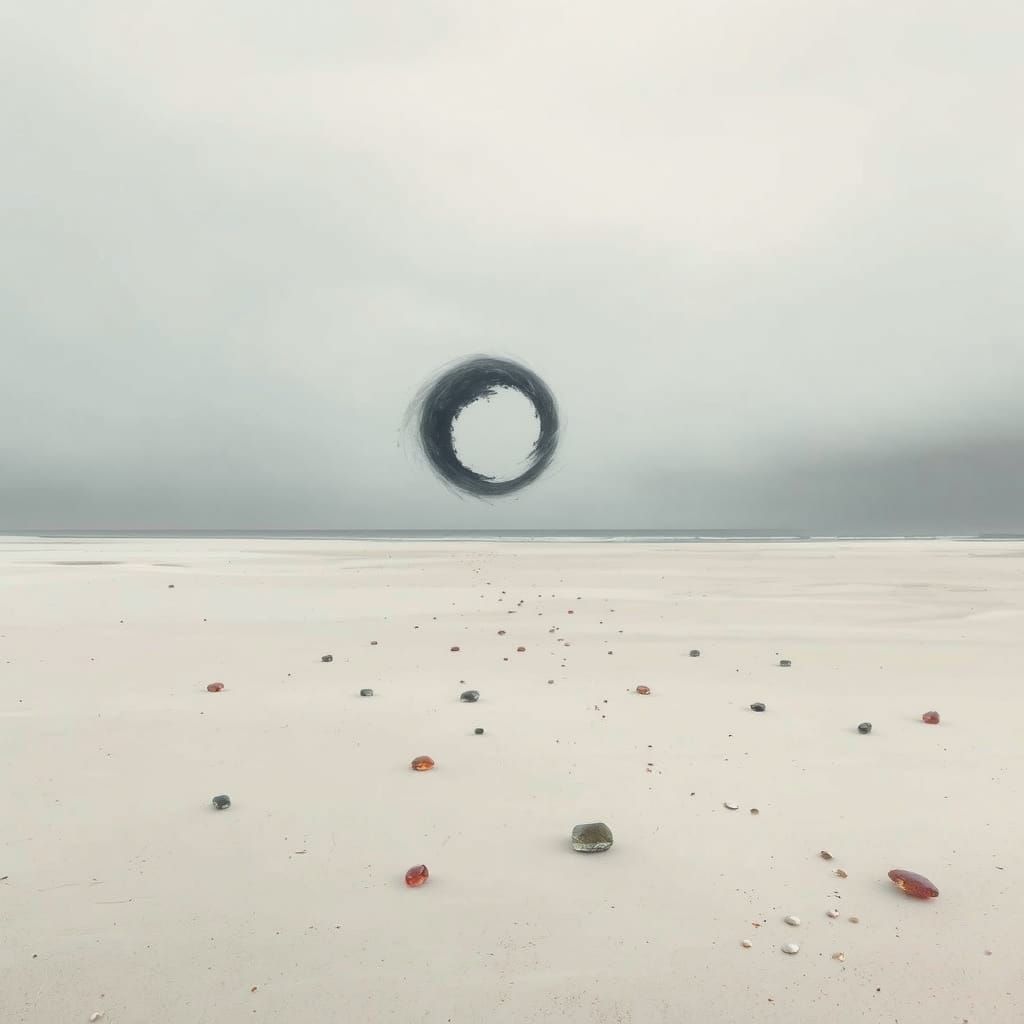 Ethereal Beach Scene with Black Hole Anomaly