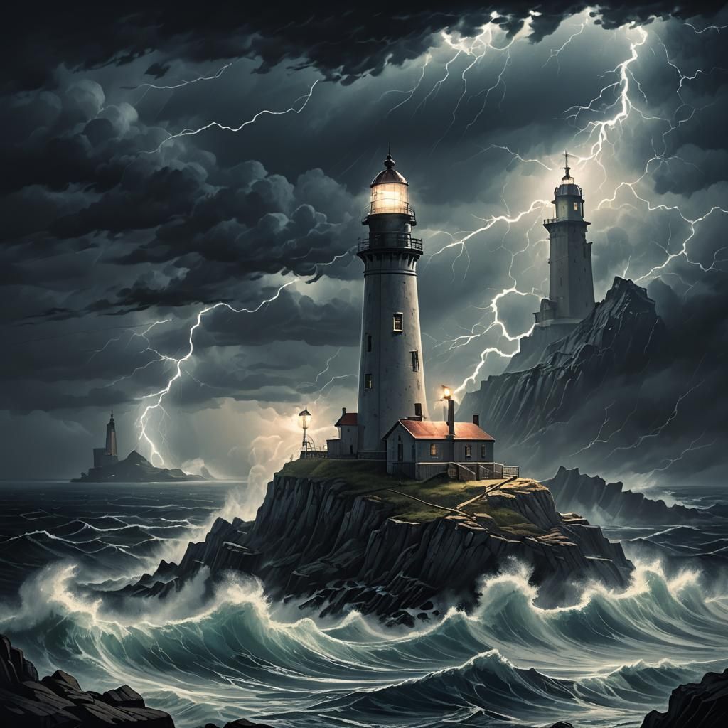 Dark Fantasy Lighthouse in Stormy Night