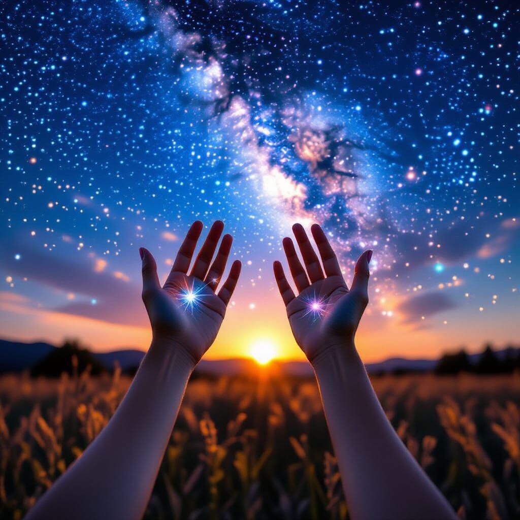 Cosmic Fantasy Hands Reaching for Starry Sky