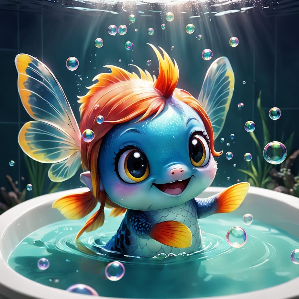 Whimsical Anime Fairy in a Bubbly Bathtub Scene