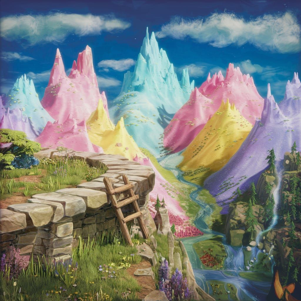 Fantasy Landscape with Pastel Mountains and Valley