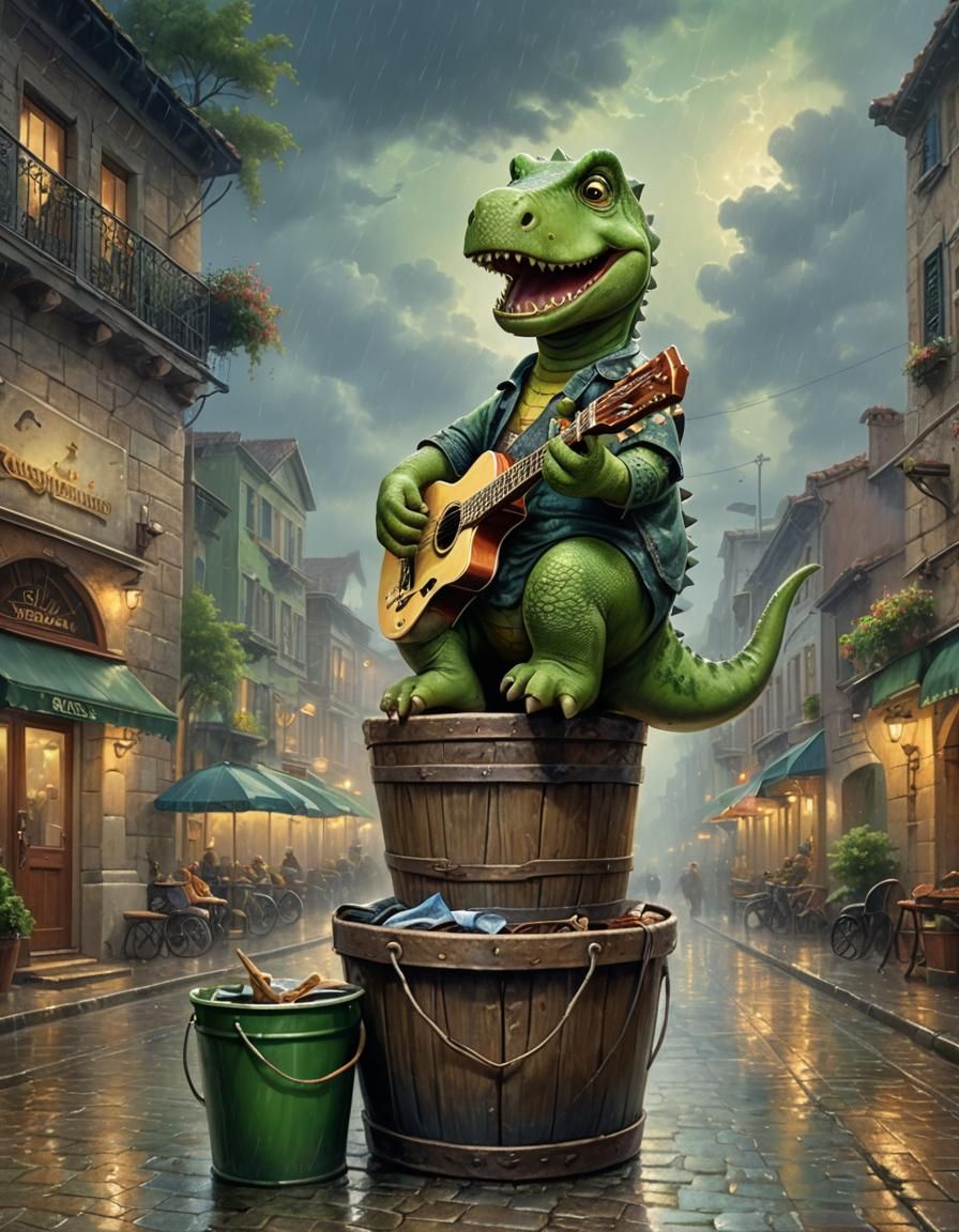 Happy Dinosaur Plays Guitar in Rainy Rome