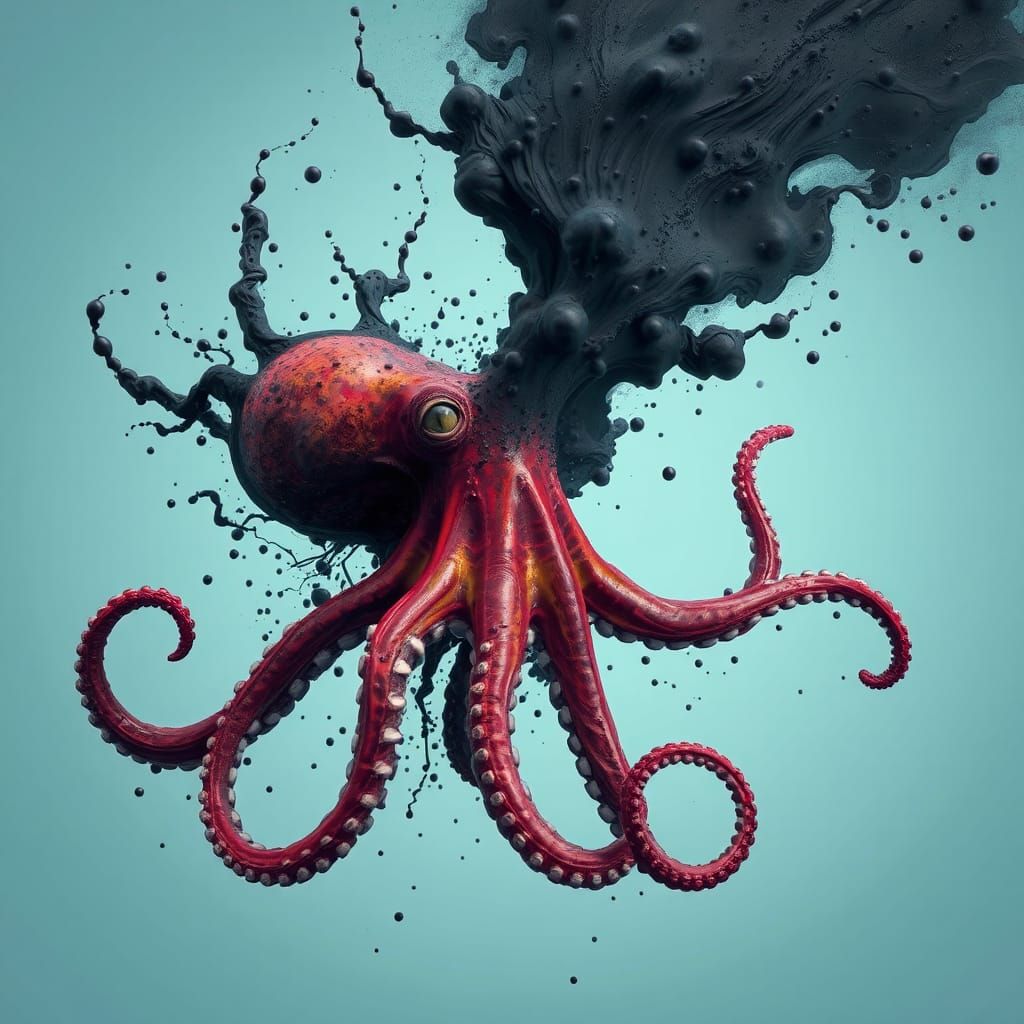 Octopus Unleashes Ink Splatter: A 3D Gouache-Style Rendering