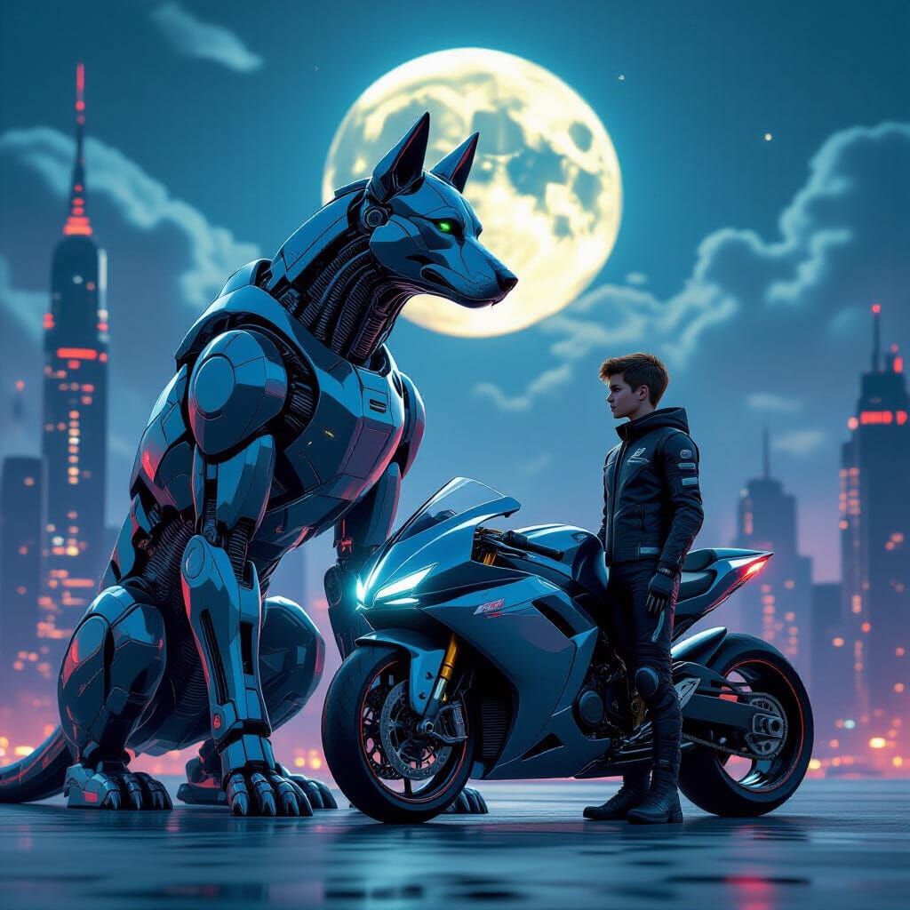Cybernetic Dog and Boy With Futuristic Motorcycle