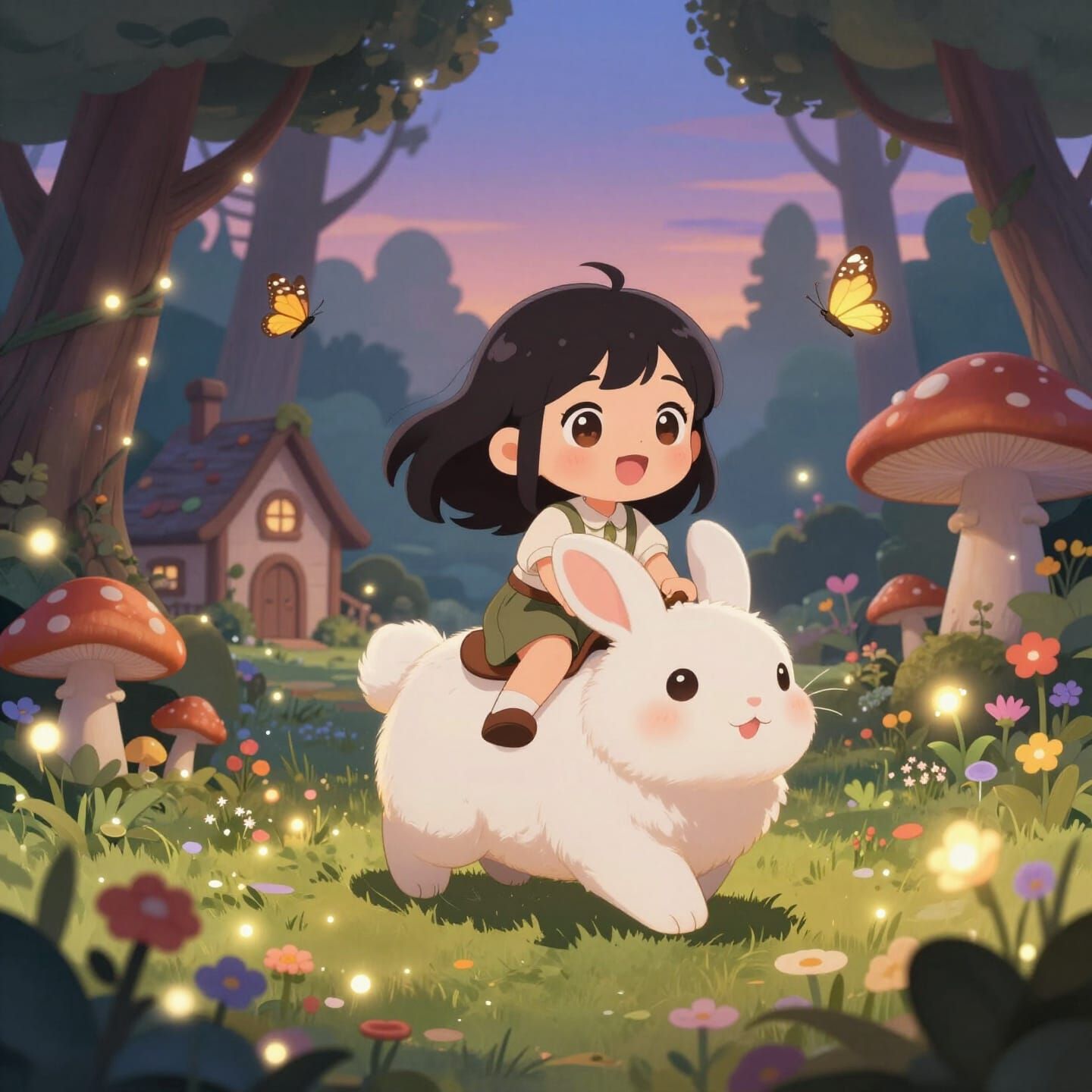 Whimsical Chibi Girl Riding Fluffy Rabbit in Magical Forest