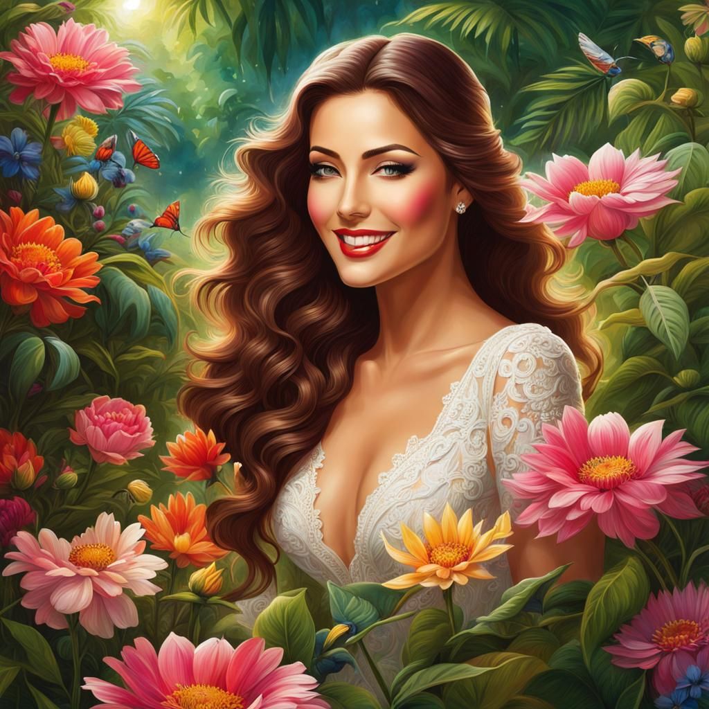 Eden Garden Paradise: Radiant Woman Among Flowers