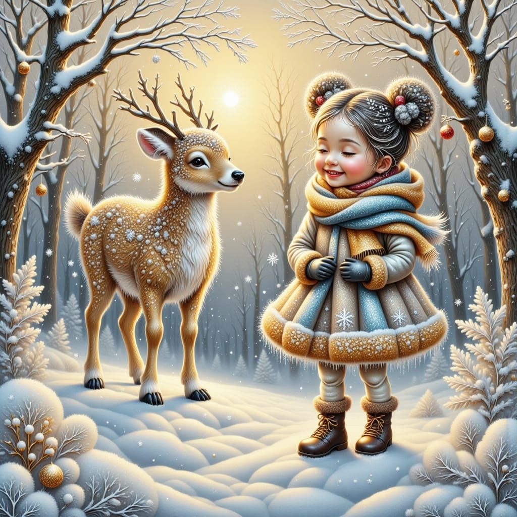 Joyful Child and Deer in Magical Winter Forest