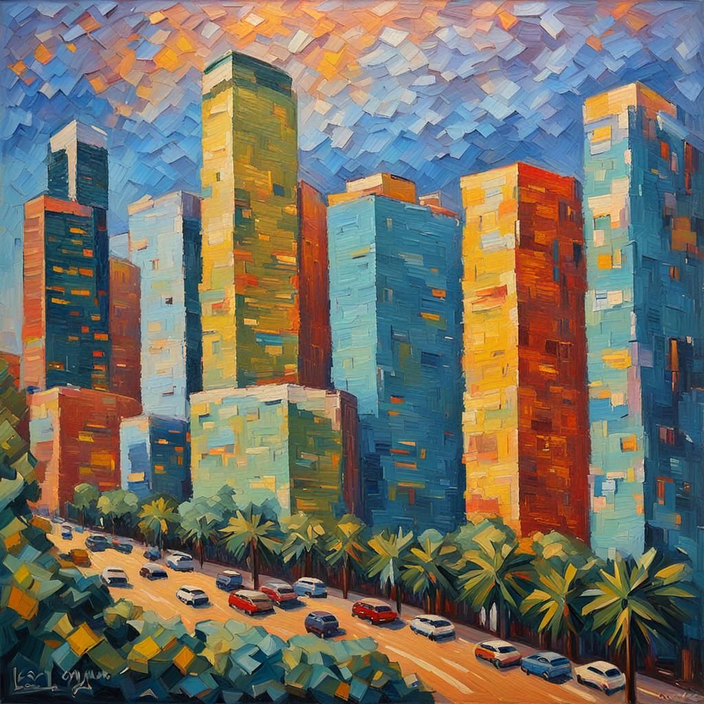 Los Angeles Downtown in Expressionist Oil Painting