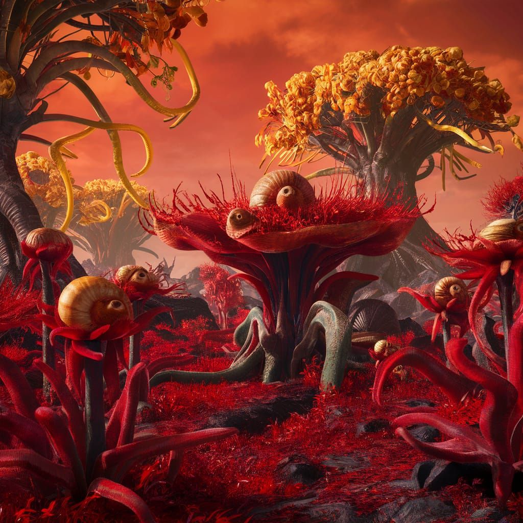 Vibrant Alien Landscape with Red Vegetation