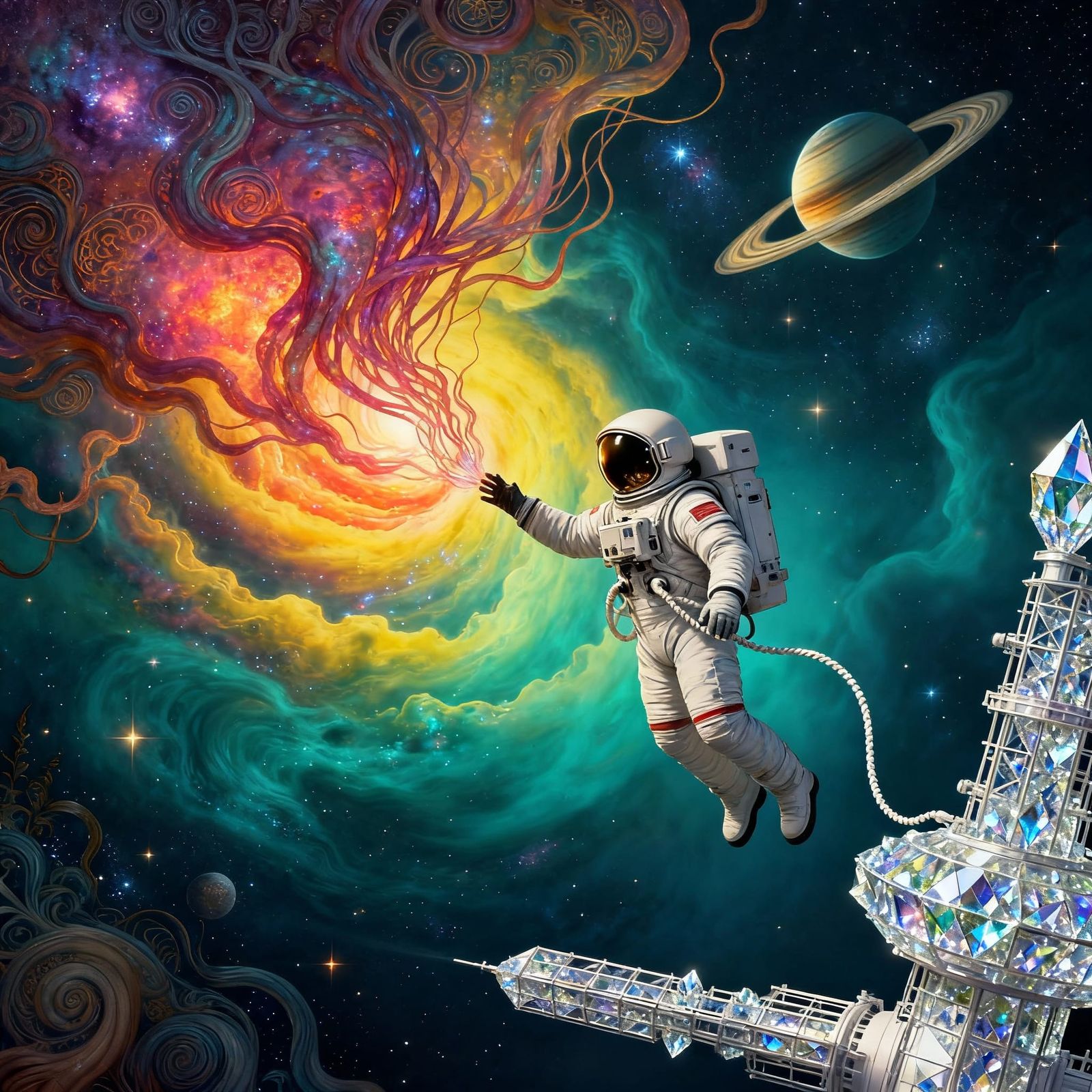 Astronaut Touches Sentient Nebula Near Crystalline Station