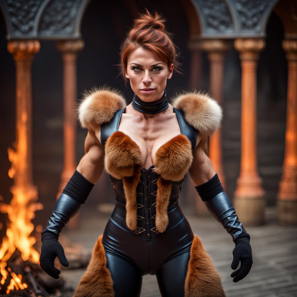 Muscular Woman in Fur Outfit in Arena