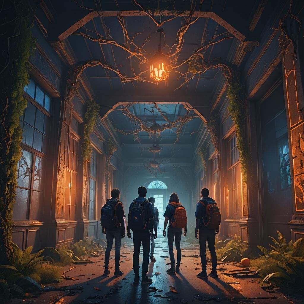 Terrified Teens in Abandoned School: Matte Painting