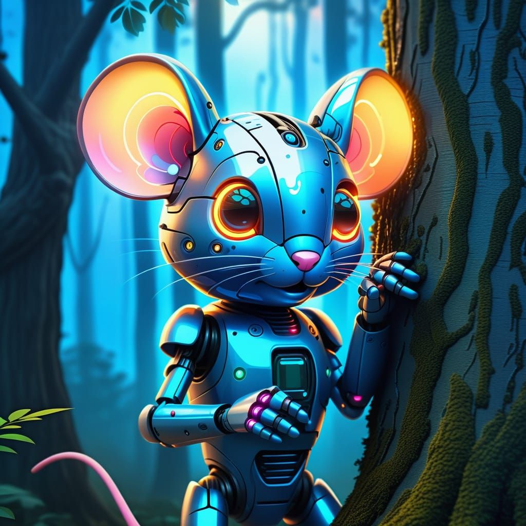 Robot Mouse Peeks from Tree in Chrome, 4K