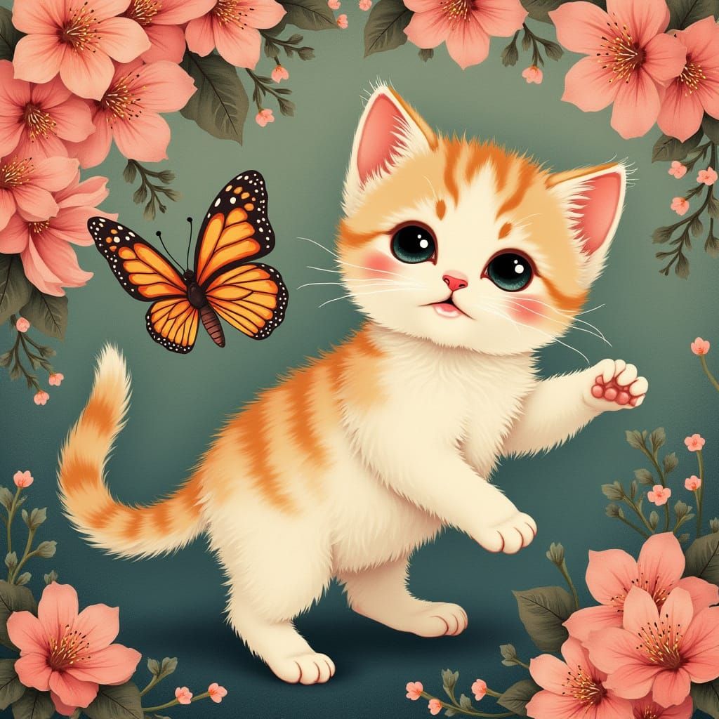 Whimsical Kitten Cherry Blossom Dance in Ukiyo-e Style