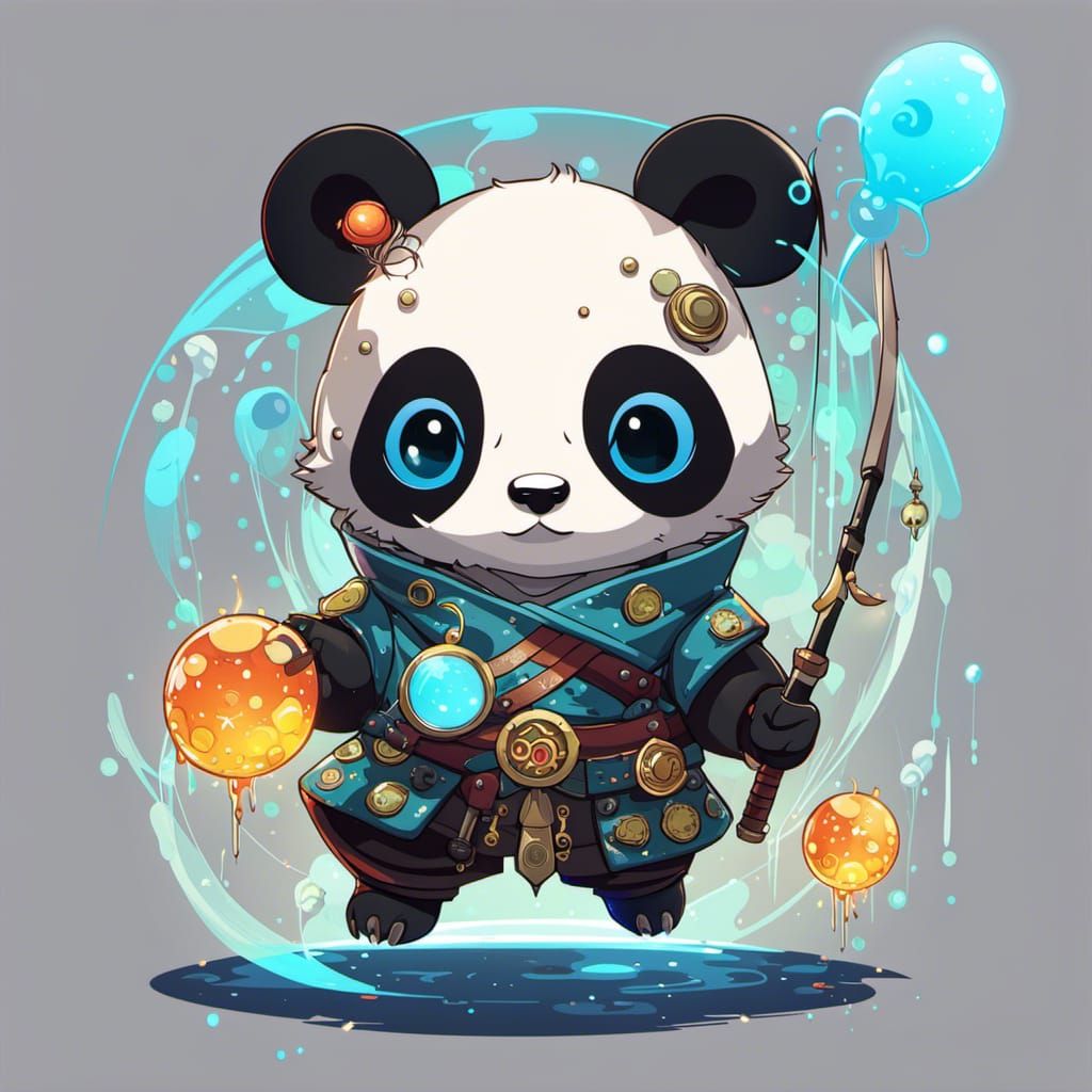 Chibi Panda Samurai with Luminous Particles