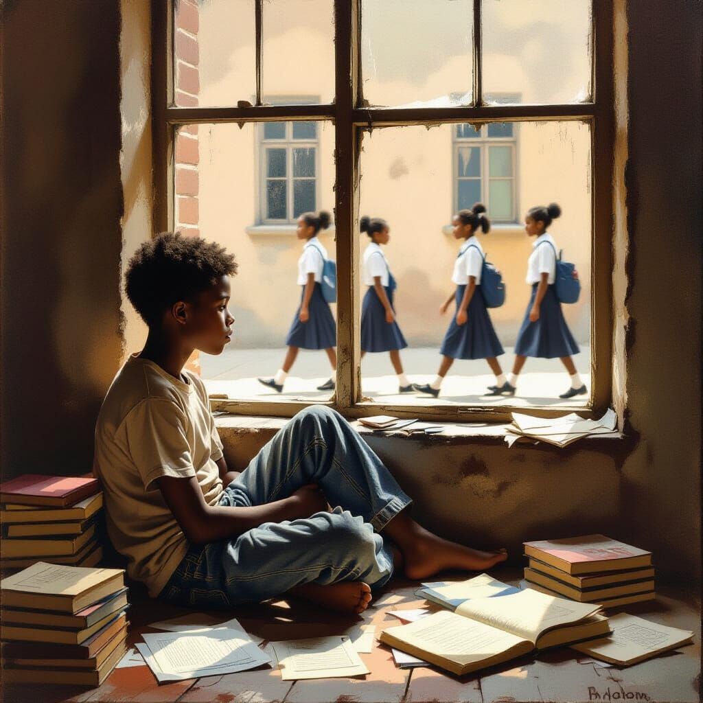 Boy Gazing Out Window in Nostalgic Style