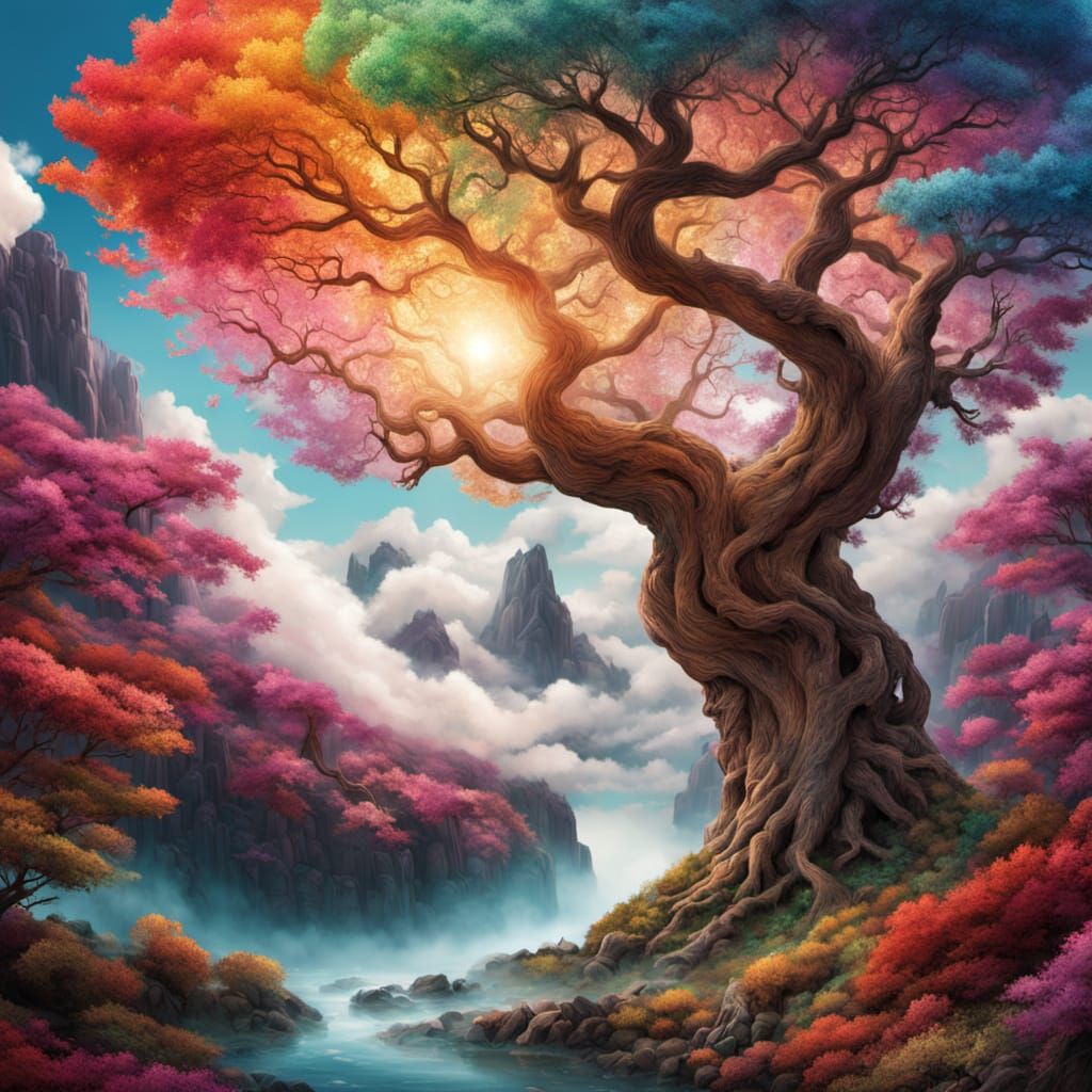 Colossal Tree Pierces the Skies in Vibrant, Dreamlike Style