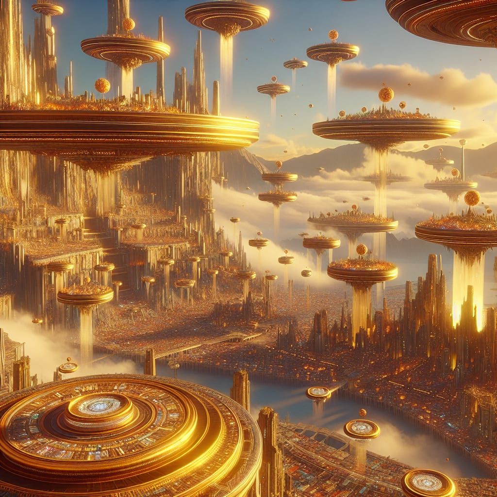 Golden Sky City with Mystical Creatures: Concept Art