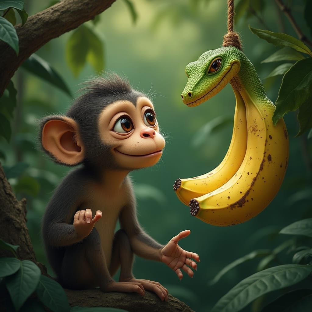 Curious Brown Monkey Observes Golden Banana in Tropical Fore...