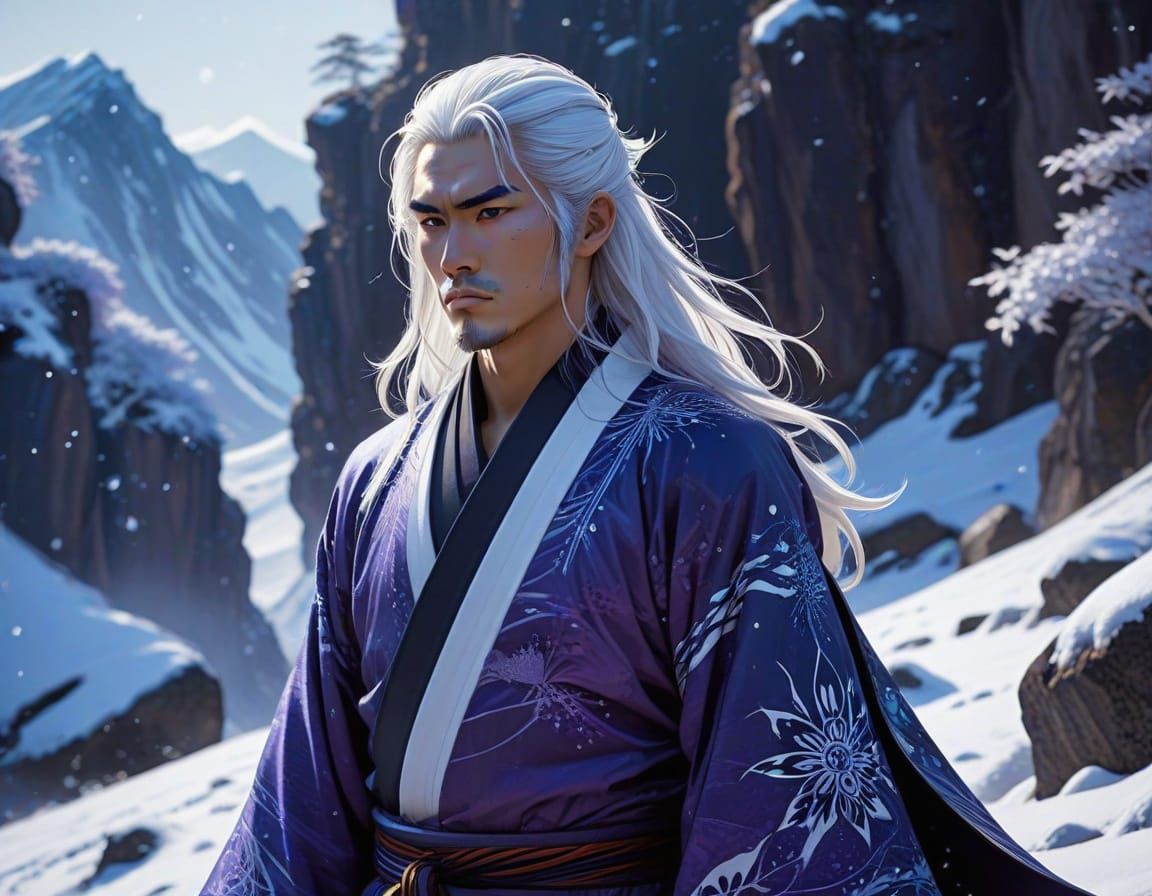 Confident Ainu Shaman Horohoro in Snowy Mountain Landscape