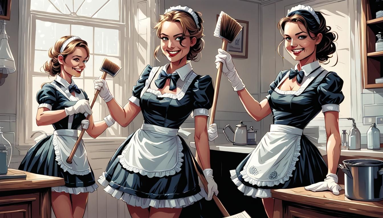 Cheerful Maids Cleaning in Comic Book Style