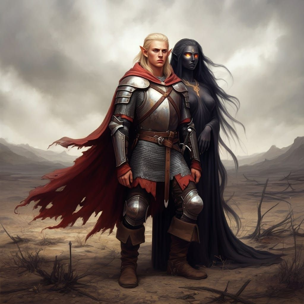 Elf Warrior and Goddess in Bleak Wasteland