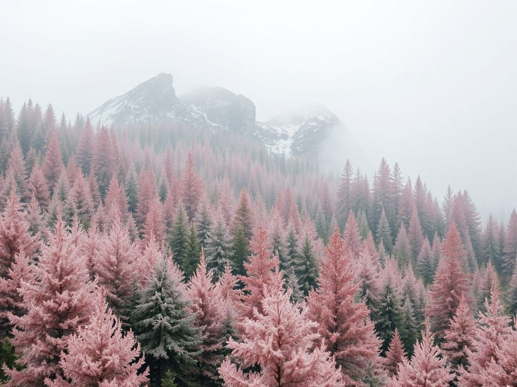 Pink Forest Landscape Painting with Foggy Mountains