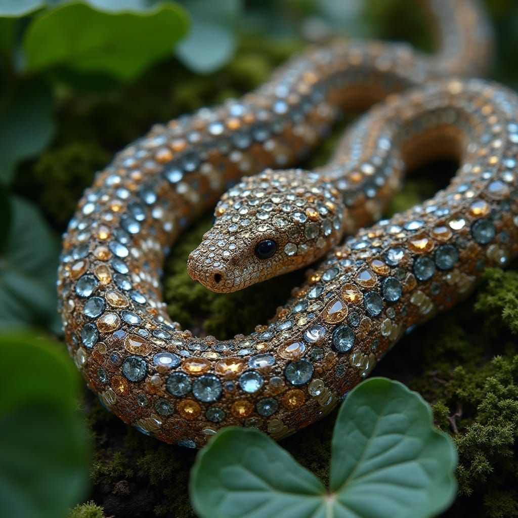 Jeweled Serpent Winds Through Vibrant Garden