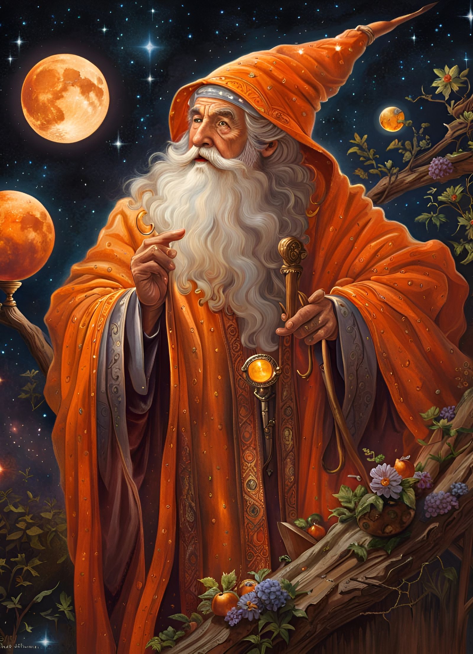 Magical Old Wizard with Moon and Stars