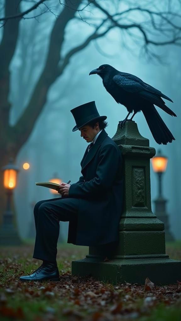 E.A. Poe and the Raven in a Haunting Cemetery Scene