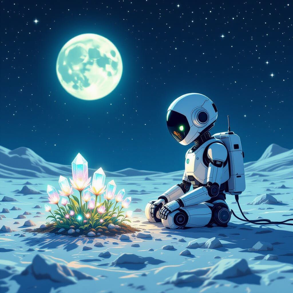 Robot Tends Moon Garden with Bioluminescent Flowers
