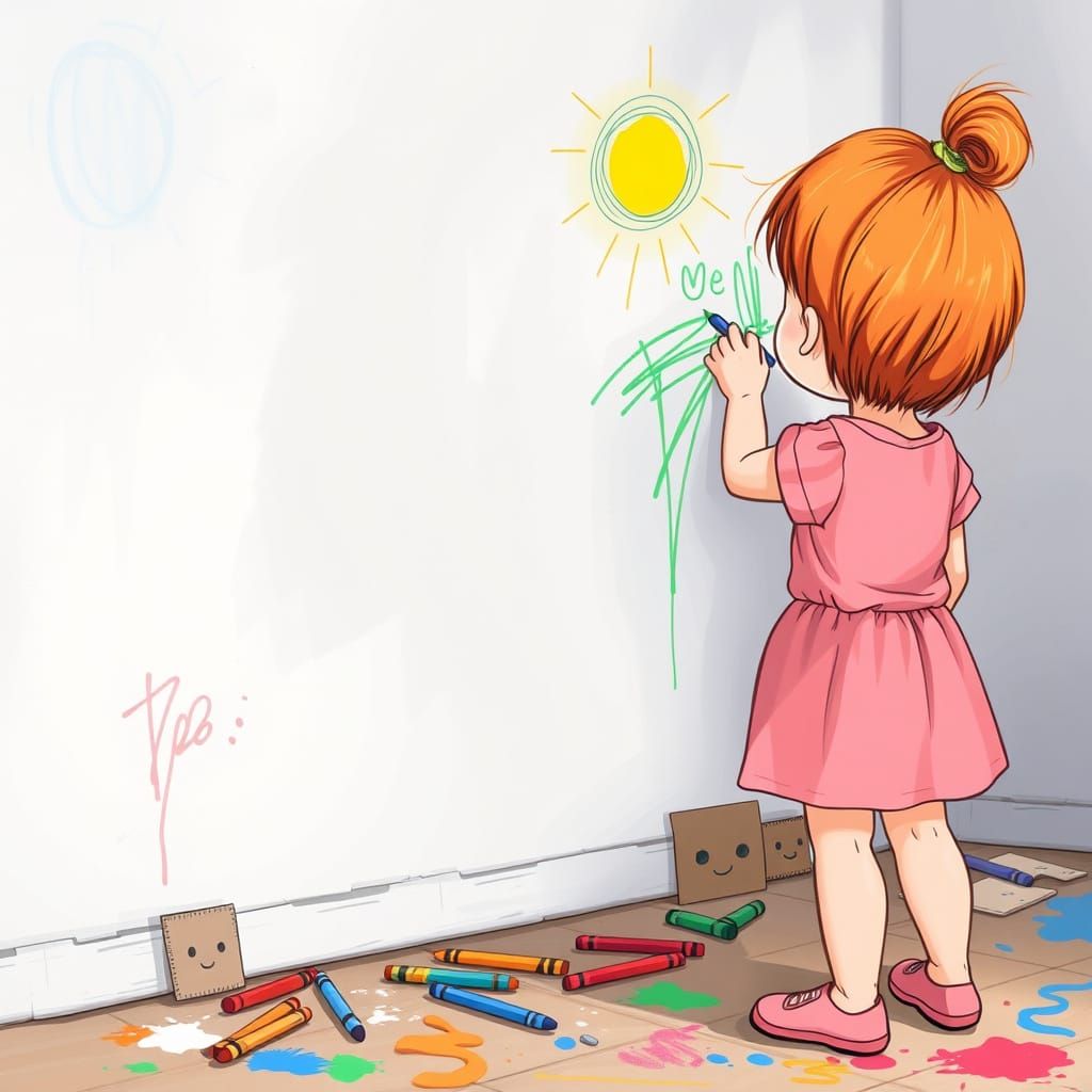 Girl Draws on Wall in Whimsical Style