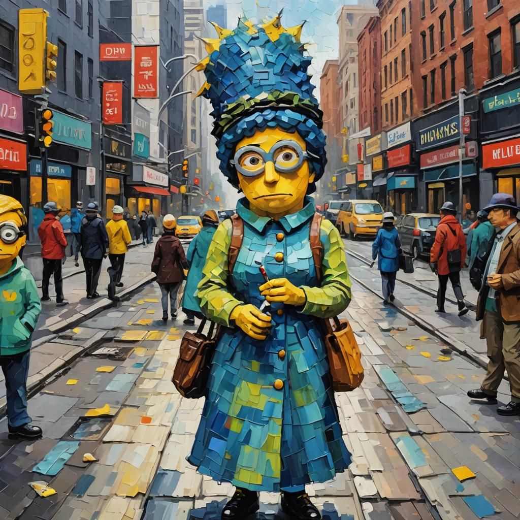 Minion as Marge Simpson in NYC, Expressionist Oil Painting