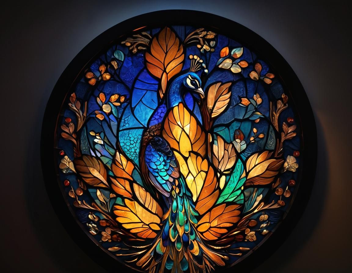 Majestic Peacock in Art Deco Stained Glass